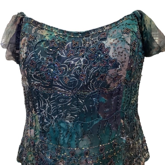 MONTAGE by‎ MON CHERI Floral Silk Beaded Tea Length Dress - Size 12 - Picture 9 of 16